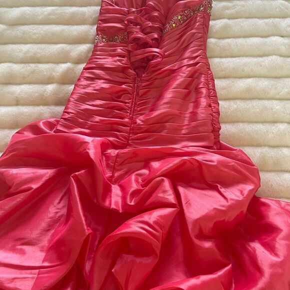 Night Moves strapless Flamingo Corset Ball Gown lace up back ruffle bottom SZ4 - Picture 6 of 11